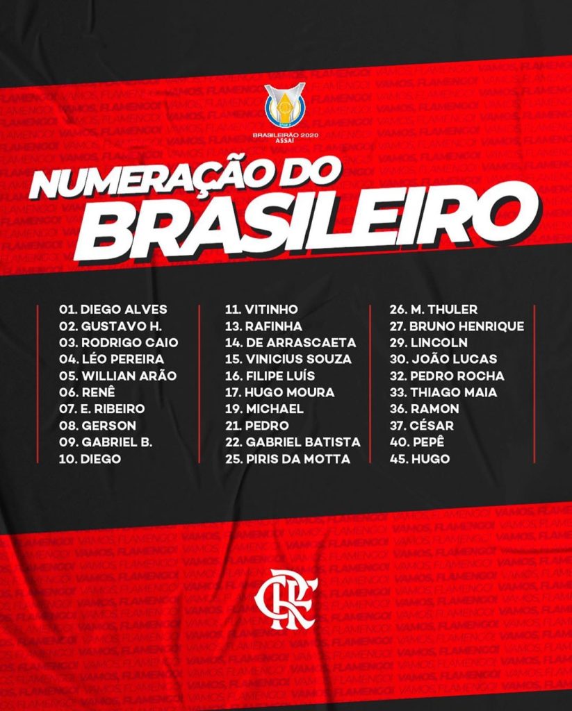 Flamengo divulga numeração oficial dos jogadores para o Brasileirão